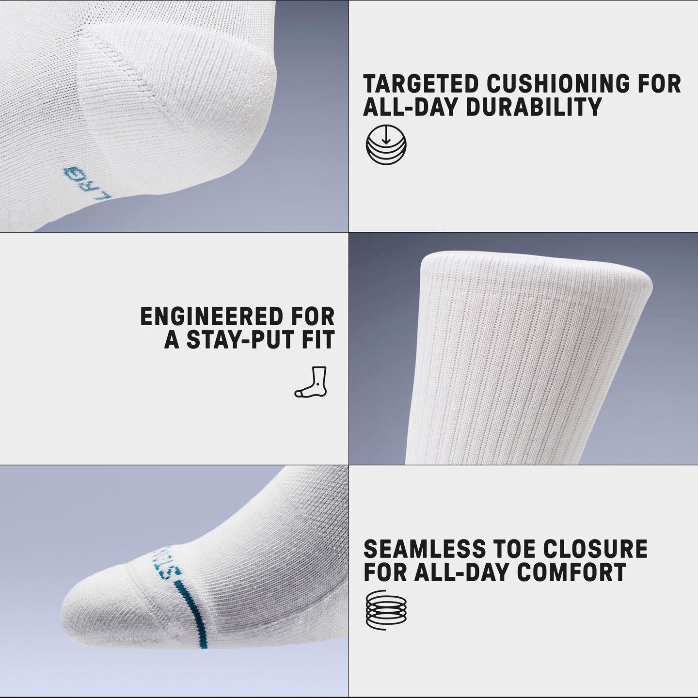 Targeted cushioning, stay-put fit, seamless toe closure